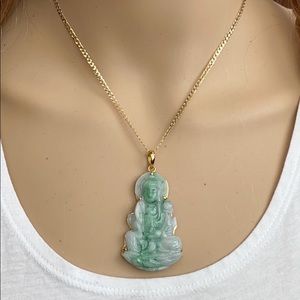 14K Fine Gold Natural Jade Kwan Yin Buddha Pendant